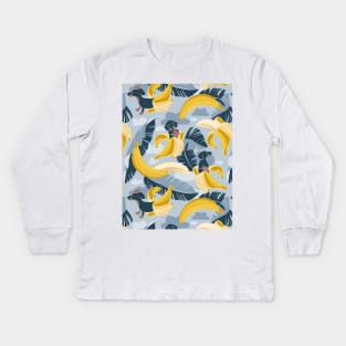 Surrealistic tropical Dachshund bananas // pattern // pastel blue background navy blue dogs and banana fruit leaves Kids Long Sleeve T-Shirt